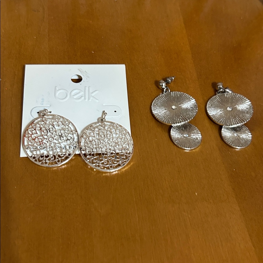 NWT Belk Intricate Circular Silver Earrings and EUC Silver Double Disc Earrings.